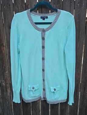 Chadwicks of Boston 100% Cotton Turquoise Blue Cardigan Gray Trim Large Tall
